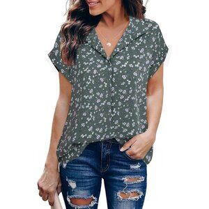 Women Green Short Sleeve Blouses V Neck Design Business Attire Collared Shirts